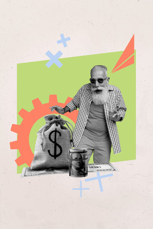 Poster image vertical photo collage of happy old man dance dollar banknotes success profit millionaire wealth gear developmentの写真素材
