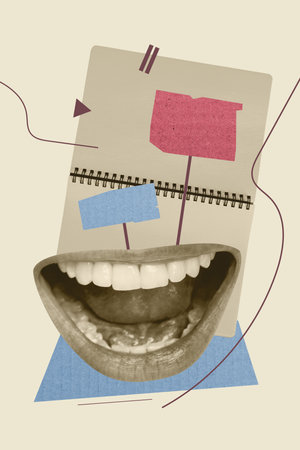 Trend artwork poster composite sketch image collage of big size woman mouth smile teeth lips copybook sheet page application fragmentの写真素材