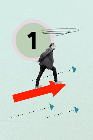 Banner vertical photo trend image collage of hard-worker businessman walk arrow direction promotion...