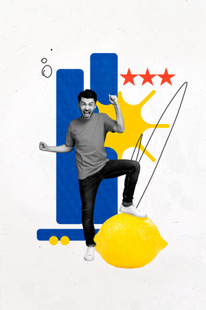 Vertical art creative trend collage of excited businessman stand lemon fruit chart development success statistics stars reputationの写真素材