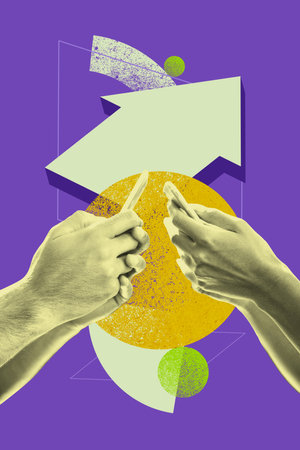 Vertical art banner collage of two hands hold phone freelancer occupation arrow development success growth career coworkingの写真素材