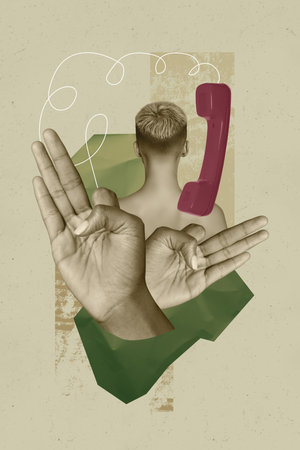Sketch image trend artwork montage 3D photo collage of woman short haircut stand back landline phone hand gesture showing symbolの写真素材