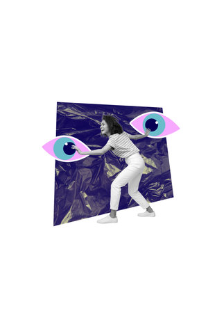 Photo collage template trend artwork sketch of young woman african race stand smile happy eye icon watch vision focus distanceの写真素材