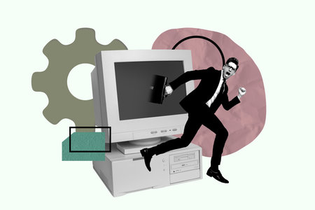 Creative sketch collage of dissatisfied businessman run late work it-specialist computer monitor gearwheel optimization settingsの写真素材