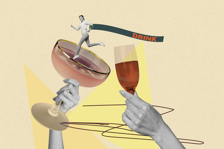 Template sketch image composite artwork collage of holiday relax club beverage friday huge hand hold cocktail young lady run drink partyの写真素材