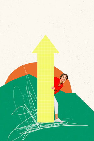 Vertical sketch 3d artwork collage poster of happy businesswoman girl peek arrow development raise up pointer success growthの写真素材