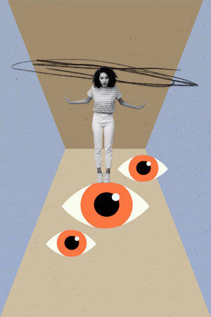 Photo vertical image collage of shocked girl stand human eyeball vision observer stare fear spy supervision watchの写真素材
