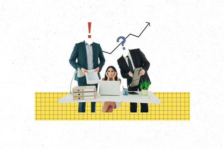 Template collage design trend artwork sketch of human resources recruitment worker office job young lady sit confused two man worker taskの写真素材