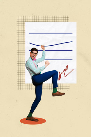 Poster image vertical photo collage of excited businessman stand paper sheet signature contract development success projectの写真素材