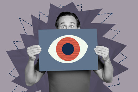 Composite art 3d creative image collage of astonished man hold placard eyeball stare third all-seeing eye control doodleの写真素材