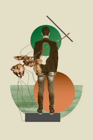 Vertical sketch 3d collage poster of man stand back golden rose flower spring women day present holiday surpriseの写真素材