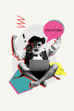 Exclusive image vertical photo collage of excited old man pirate hold laptop receive notification vacation booking tickets resortの写真素材