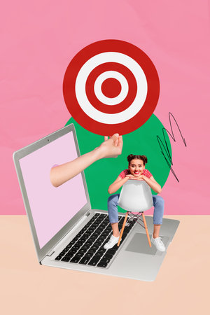 Composite sketch image design trend artwork collage of motivation up strategy goal challenge progress huge laptop young lady sit chairの写真素材