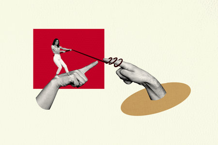 3D collage design composite artwork sketch of young lady stand huge hand showing sign body language...