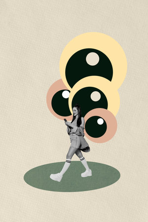 Poster image vertical photo collage of happy hipster girl surf phone eyeball stare concept virus protection controlの写真素材