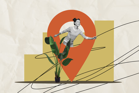 Creative photo poster trend art collage image of happy girl run geolocation icon gps app flower pot summer vacationの写真素材