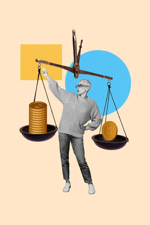 Vertical poster image collage of astonished girl banker show scales coin comparison weight golden...