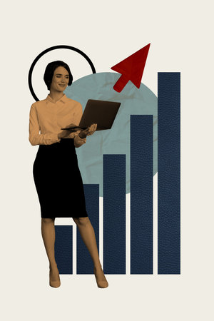 Art image vertical photo collage of happy businesswoman hold laptop arrow development chart statistics progress aim achievementの写真素材