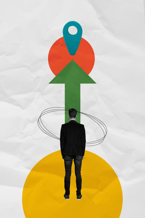 Art sketch vertical collage of anonym businessman stand back look arrow pointer geolocation refugee success work developmentの写真素材