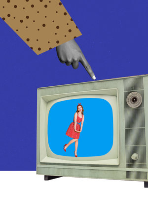 Collage design composite trend sketch of tv program broadcasting news young lady model posing retro...
