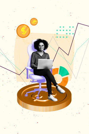 Trend artwork sketch design montage collage of economy savings cash trade finance young lady sit armchair office manager work data laptopの写真素材