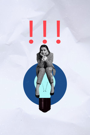 Photo vertical image collage of puzzled girl sit light bulb exclamation mark idea finding plan watt power enlightenment symbolの写真素材