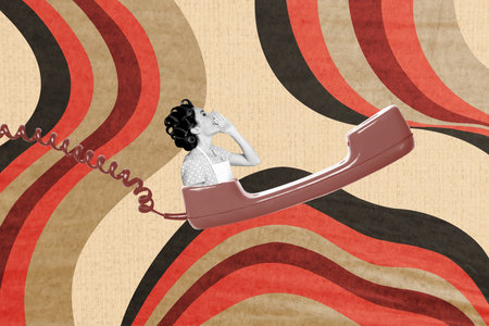 Trend artwork poster composite sketch image collage of huge size landline phone service call young lady appear proclaim chatting gossipの写真素材