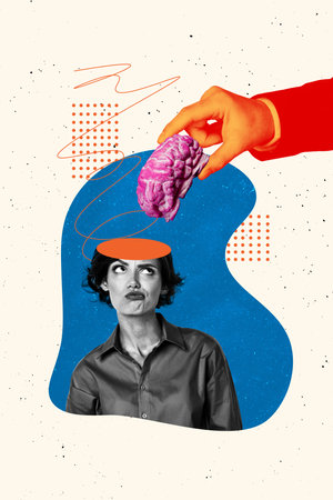 Trend artwork collage template composite sketch of young lady watch up confused bad mood half head open hand hold brain mind creativeの写真素材