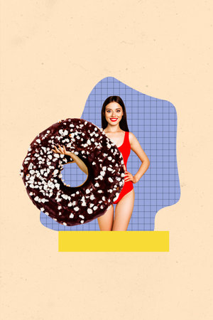Vertical photo collage of happy girl wear swimsuit hold donut chocolate dessert summer pool party isolated on painted backgroundの写真素材