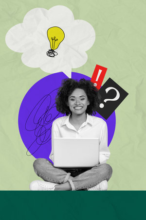 Creative artwork 3D collage sketch of mind cloud creative challenge logic solution computer online internet virtual young lady smile sitの写真素材