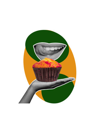 Trend artwork banner sketch 3D photo collage of hand hold cupcake dinner culinary tasty feeding mouth lips tongueの写真素材