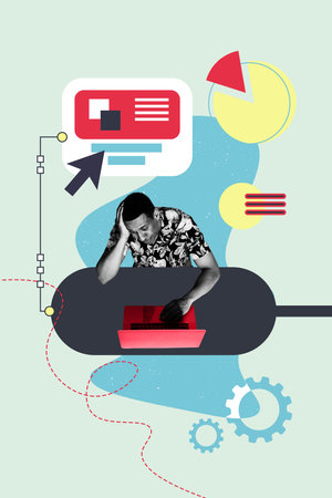 Vertical art banner collage of puzzled businessman type laptop exhaustion workload fatigue web page...