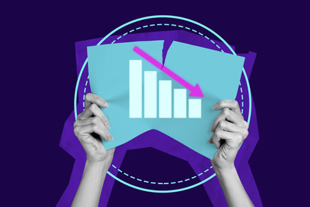 Exclusive art banner collage of hands hold business placard chart arrow regress confusion inflation dynamic recession troubleの写真素材