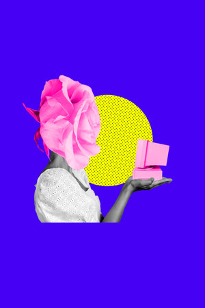 3D collage design composite trend artwork sketch of weird portrait young woman headless flower instead hand hold computer monitorの写真素材