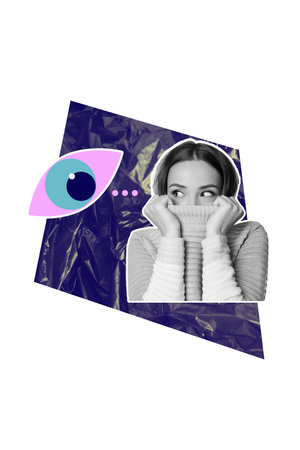 3D collage trend artwork composite sketch poster of escape focus peek see security eye vision eye watch young woman shy cover faceの写真素材