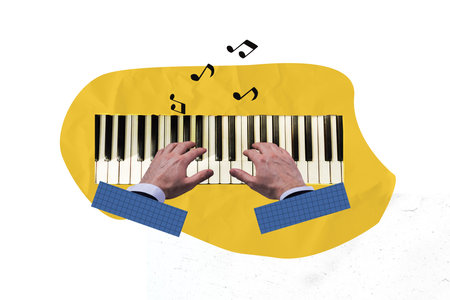 Template sketch image composite artwork collage of notes professional incognito pianist sound sleeve two hands press keys listen musicの写真素材