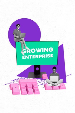 Vertical photo collage of two happy business girls type laptop new project growing enterprise...
