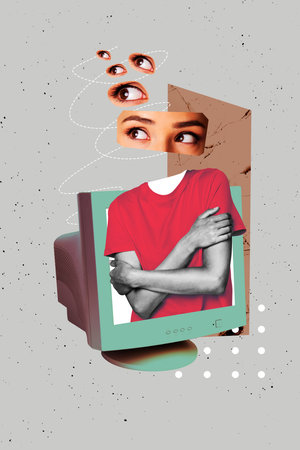 Trend artwork template design 3D collage sketch of vintage computer monitor display young lady body appear eye watch allseeing connectionの写真素材