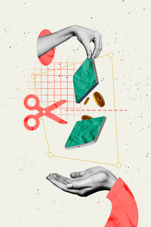 Vertical art creative trend collage of hands hold cellphone screen half scissors cut money loss inflation coin profit transactionの写真素材