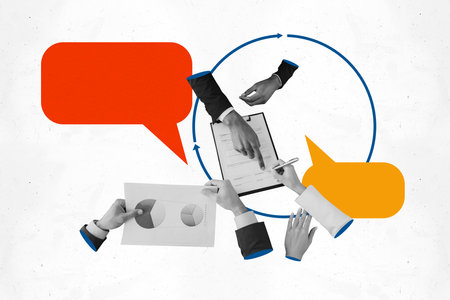 Composite art 3d creative image collage of hands hold paper sheet documentation diagram business deal contract clipboard signatureの写真素材