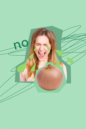 Cartoon sketch 3d creative photo collage of sad girl cry onion vegetable nutrition fresh vegan meal on green backgroundの写真素材
