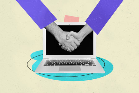Exclusive art banner collage of hands hold together handshake gesture cooperation freelancer deal agreement laptop deviceの写真素材
