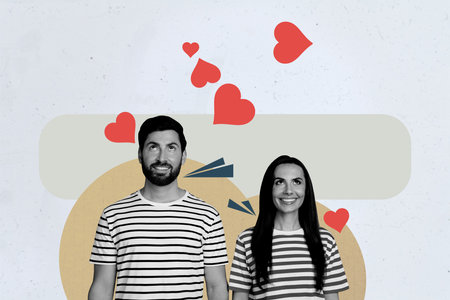 Composite photo collage of two happy girl guy heart shape valentine day celebration affection feelings isolated on painted backgroundの写真素材