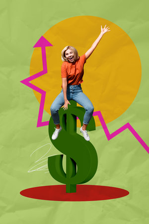 Composite image montage trend artwork 3D collage of money budget earnings dollars charts business trader young lady sit huge dollar symbolの写真素材