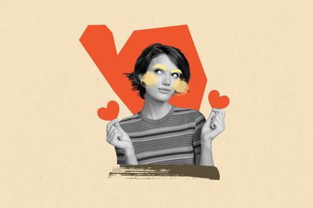 Composite photo collage of happy girl hold heart valentine icon colorful blush eyebrows makeup romance isolated on painted backgroundの写真素材