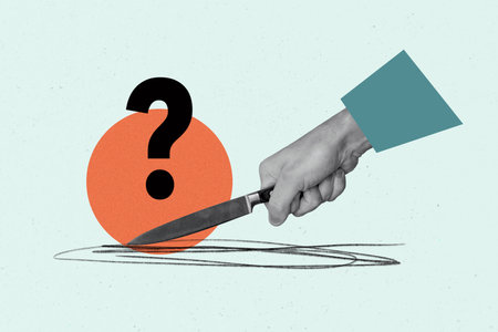 Composite photo collage of hand hold knife sharp weapon killer question mark symbol dilemma ponder...