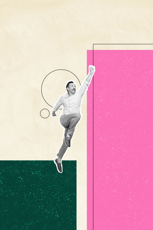 Creative composite sketch design artwork collage of silhouette middle age man success jump up aim goal vacancy hiring human resourceの写真素材