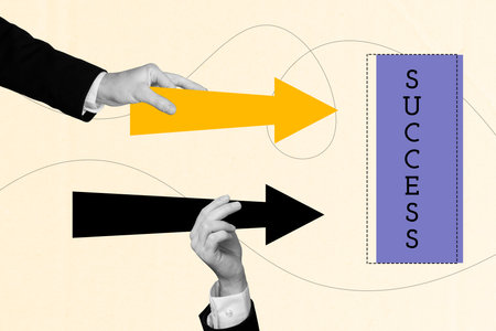 Creative sketch collage of hands hold arrow development statistics success icon business people...