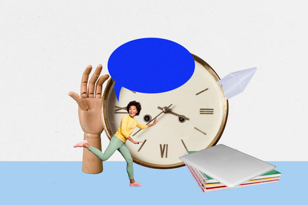 Composite artwork collage template sketch of deadline point time work oclock young lady run smile paper plane message laptop speech cloudの写真素材