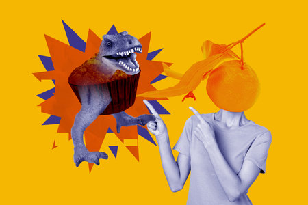 Trendy sketch collage of anonym girl instead head orange fruit branch point dino animal inside muffin cake cookie nutritionの写真素材